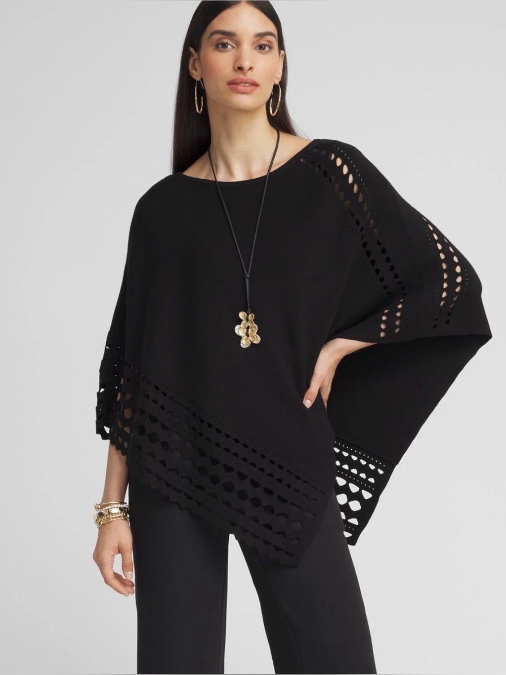 NWOT CHICO’S Black Asymmetrical Cutwork Poncho Ruana Shawl Top Sz S/M